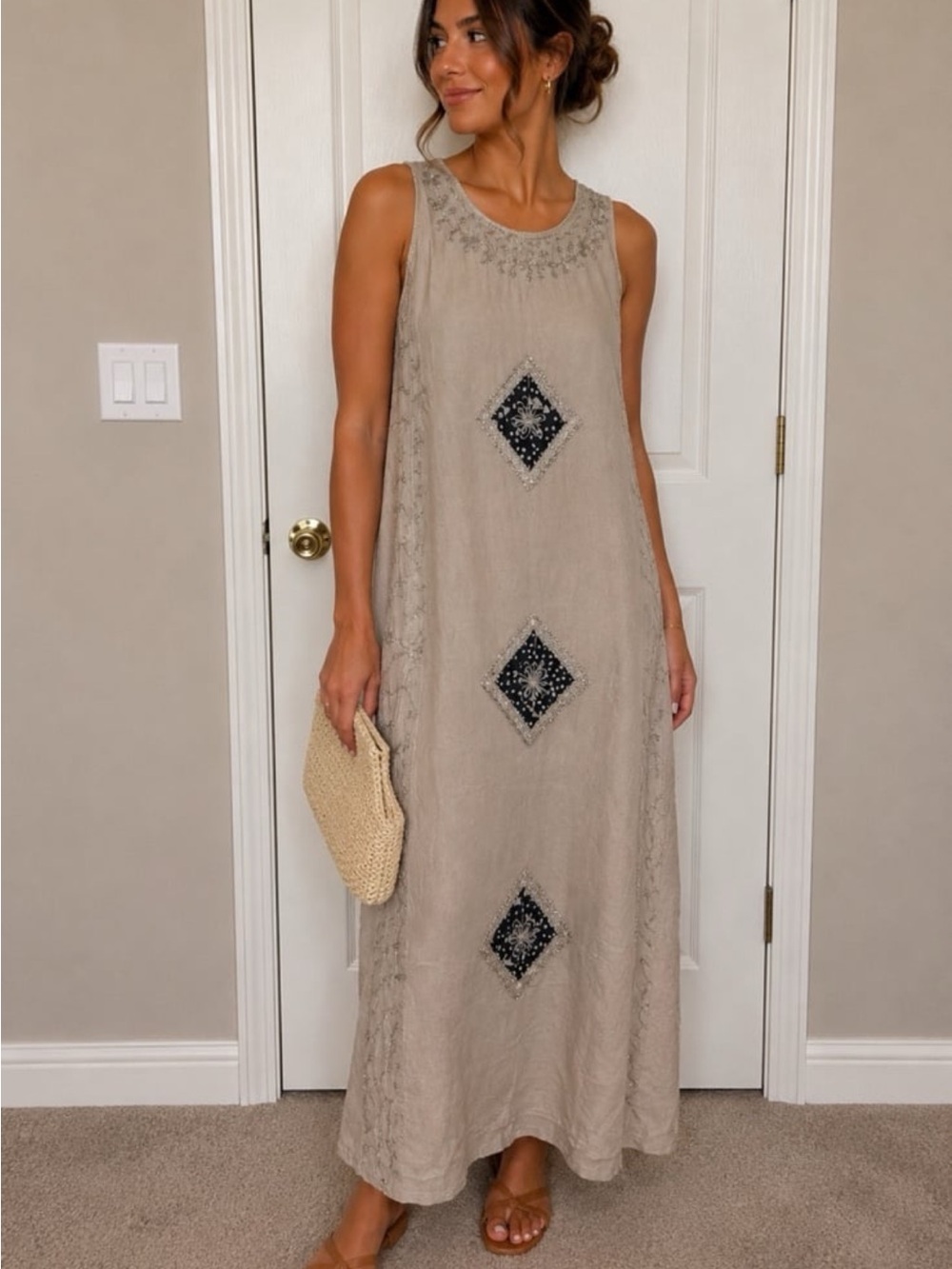 Rhea Costa Taupe Maxi Dress with Navy Blue Diamond Embroidery